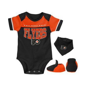 推荐Newborn and Infant Boys and Girls Black and Orange Philadelphia Flyers Puck Happy Bodysuit, Bib and Booties Set商品