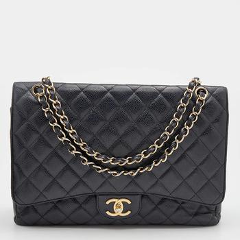 chanel包, [二手商品] Chanel | Chanel Black Quilted Caviar Leather Maxi Classic Double Flap Bag商品图片 6.7折