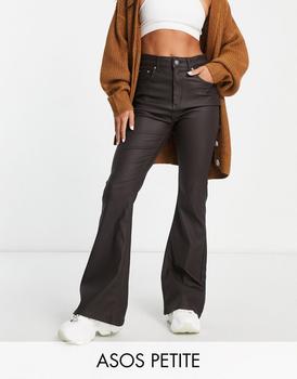 ASOS | ASOS DESIGN Petite power stretch flared jeans in coated chocolate brown商品图片,