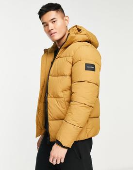 Calvin Klein | Calvin Klein crinkle nylon hooded puffer jacket in tan商品图片,额外9.5折, 额外九五折
