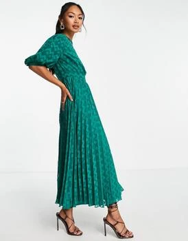 ASOS | ASOS DESIGN high neck pleated chevron dobby midi dress with puff sleeve in forest green 5.6折, 独家减免邮费