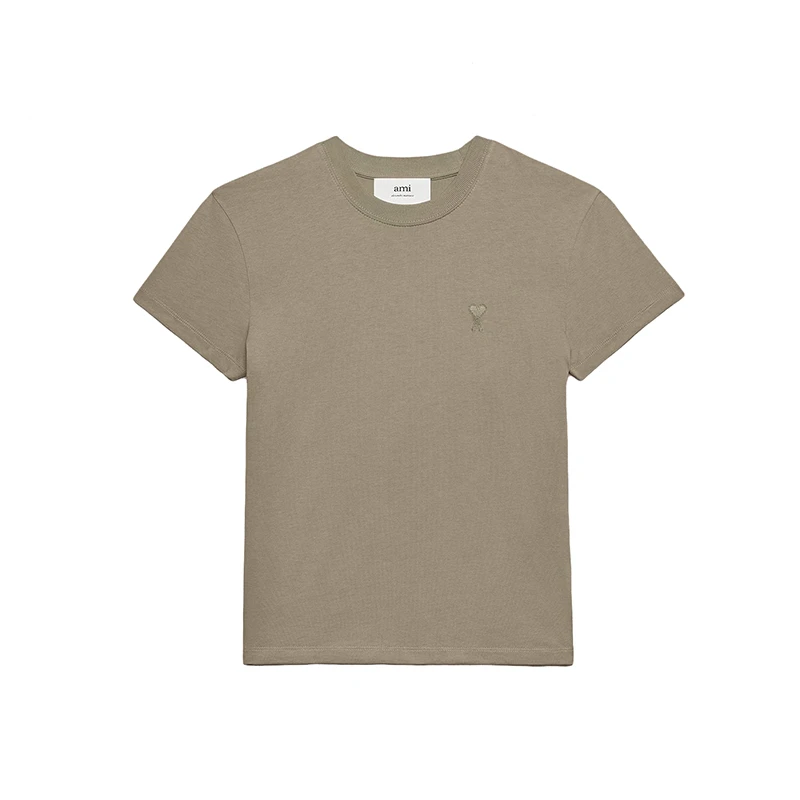 AMI | 预售3-5个工作日 AMI 23新款 男女同款棕灰色有机棉针织带标志短袖T恤UTS003.724281,商家VPF,价格¥909