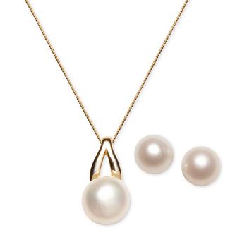 商品2-Pc. Set Cultured Freshwater Pearl (9-1/2 & 12-1/2mm) Pendant Necklace & Matching Stud Earrings Set in 18k Gold-Plated Sterling Silver,商家Macy's,价格¥513图片