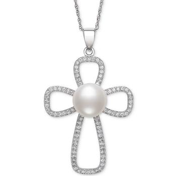 Belle de Mer | Cultured Freshwater Button Pearl (10mm) & Cubic Zirconia Cross 18" Pendant Necklace in Sterling Silver商品图片,2.5折