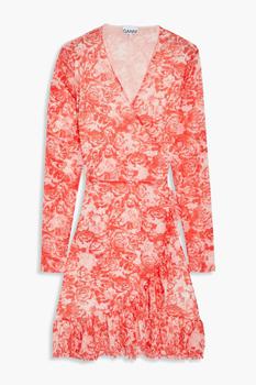 ganni连衣裙推荐, Ganni | Ruffle-trimmed floral-print mesh mini wrap dress商品图片 4.4折