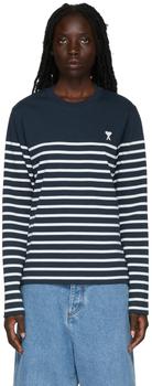AMI | SSENSE Exclusive Navy & White Stripe Long Sleeve T-Shirt商品图片,6折