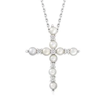 Ross-Simons | Ross-Simons 3mm Cultured Pearl Cross Pendant Necklace With Diamond Accents in Sterling Silver,商家Premium Outlets,价格¥1323