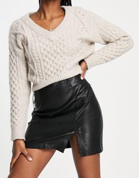 product Stradivarius faux leather split detail mini skirt in black image