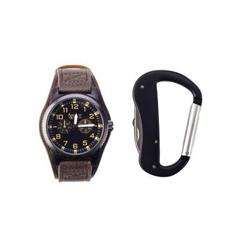 商品Men's Quartz Movement Black Leather Strap Analog Watch, 44mm and Carabiner Tool with Zippered Travel Pouch图片