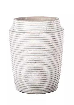 商品Cement Round Decorative Pot with Embossed Stripe Pattern Design Body and Tapered Bottom LG Washed Concrete Finish, White图片