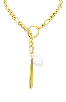 product 14K Yellow Gold Plated Stainless Steel Imitation Pearl Figaro Chain Necklace image