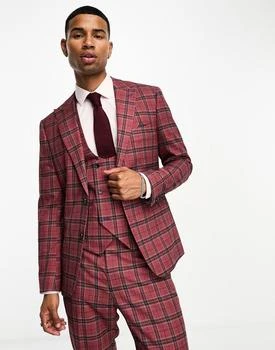推荐Harry Brown skinny suit jacket in red tartan商品