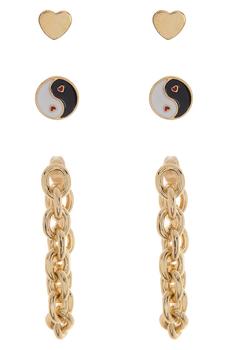 Loren Olivia, Loren Olivia | Heart Studs, Yin Yang Studs, & Chain Drop Earrings Set商品图片 1.7折