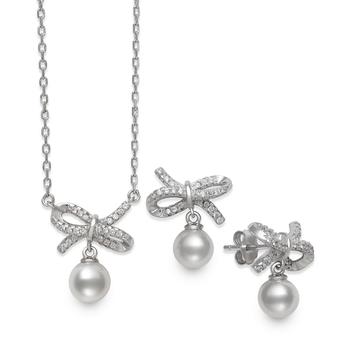 Belle de Mer | 2-Pc. Set Cultured Freshwater Pearl (6mm) & Cubic Zirconia Ribbon Pendant Necklace & Matching Drop Earrings in Sterling Silver商品图片,2.5折