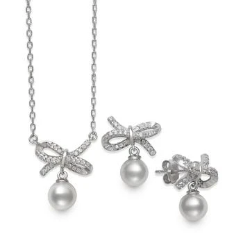 Belle de Mer | 2-Pc. Set Cultured Freshwater Pearl (6mm) & Cubic Zirconia Ribbon Pendant Necklace & Matching Drop Earrings in Sterling Silver 独家减免邮费