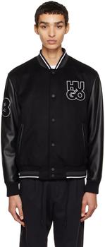 Hugo Boss | Black Varsity Faux-Leather Bomber Jacket商品图片,5.6折