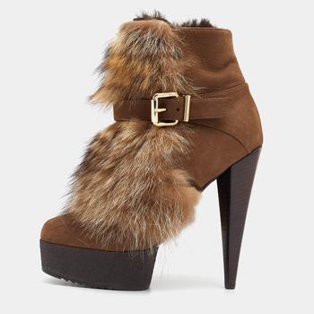 推荐Fendi Brown Nubuck Leather and Raccoon Fur Platform Ankle Boots Size 37.5商品