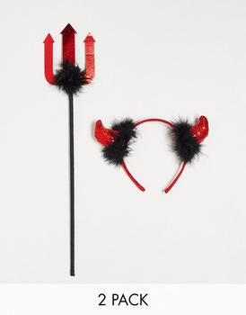 商品Pieces exclusive Halloween 2 pack sequin devil headband and pitch fork in red图片