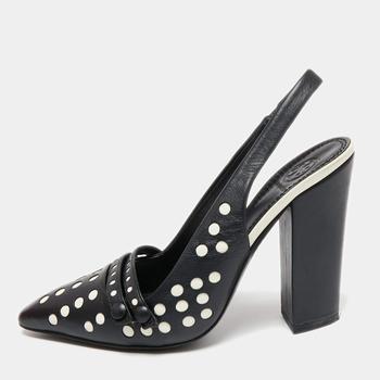 推荐Tory Burch Black/White Polka Dot Leather Kay Slingback Sandals Size 37.5商品