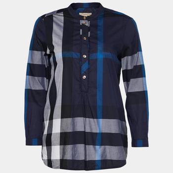 美国burberry, [二手商品] Burberry | Burberry Brit Navy Blue Giant Check Cotton Ruffled Button Front Blouse S商品图片 满1件减$100, 满减