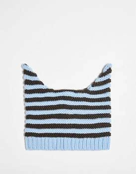 COLLUSION | COLLUSION Unisex novelty beanie with ears in blue and brown stripe 7.0折
