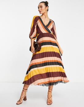 ASOS DESIGN pleated wrap midi dress in multi stripe product img