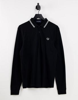 Fred Perry | Fred Perry long sleeve twin tipped polo shirt in black商品图片,