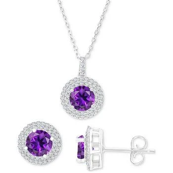 Macy's | 2-Pc. Set Amethyst (2-5/8 ct. t.w.) & Lab-Grown White Sapphire (1 ct. t.w.) Halo Pendant Necklace & Matching Stud Earrings in Sterling Silver,商家Macy's,价格¥603