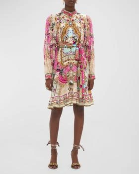 Camilla | Drop-Sleeve Tie-Waist Short Printed Silk Shirtdress 满$200减$50, 满减