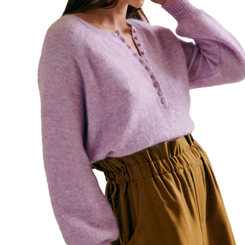 推荐 22新款 女士紫丁香色马海毛羊毛混纺纽扣门襟圆领套头衫商品
