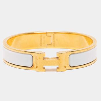 美国爱马仕手镯, [二手商品] Hermes | Hermès Clic H White Enamel Gold Plated Narrow Bracelet商品图片 5.3折