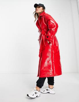 推荐ASOS DESIGN oversized bonded borg and vinyl trench coat and in red商品