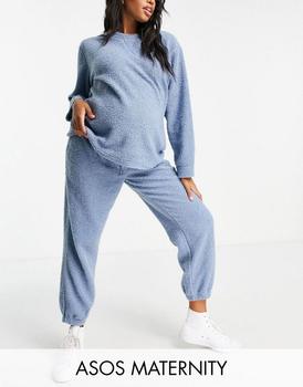 ASOS | ASOS DESIGN Maternity lounge borg sweat & jogger set in blue商品图片,4.8折×额外9.5折, 额外九五折
