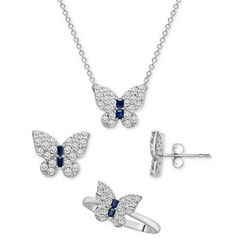 Macy's | 3-Pc. Set Lab-grown White Sapphire (2-1/5 ct. t.w.) & Lab-grown Blue Sapphire (1/4 ct. t.w.) Butterfly Pendant Necklace, Stud Earrings, and Ring in Sterling Silver,商家Macy's,价格¥1247