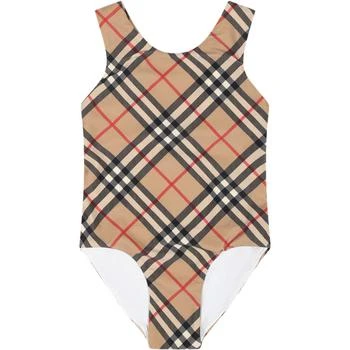 Beige Swimsuit For Baby Girl With Iconic Check