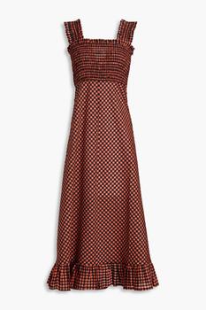 ganni dress, Ganni | Shirred iridescent checked seersucker midi dress商品图片 4.9折