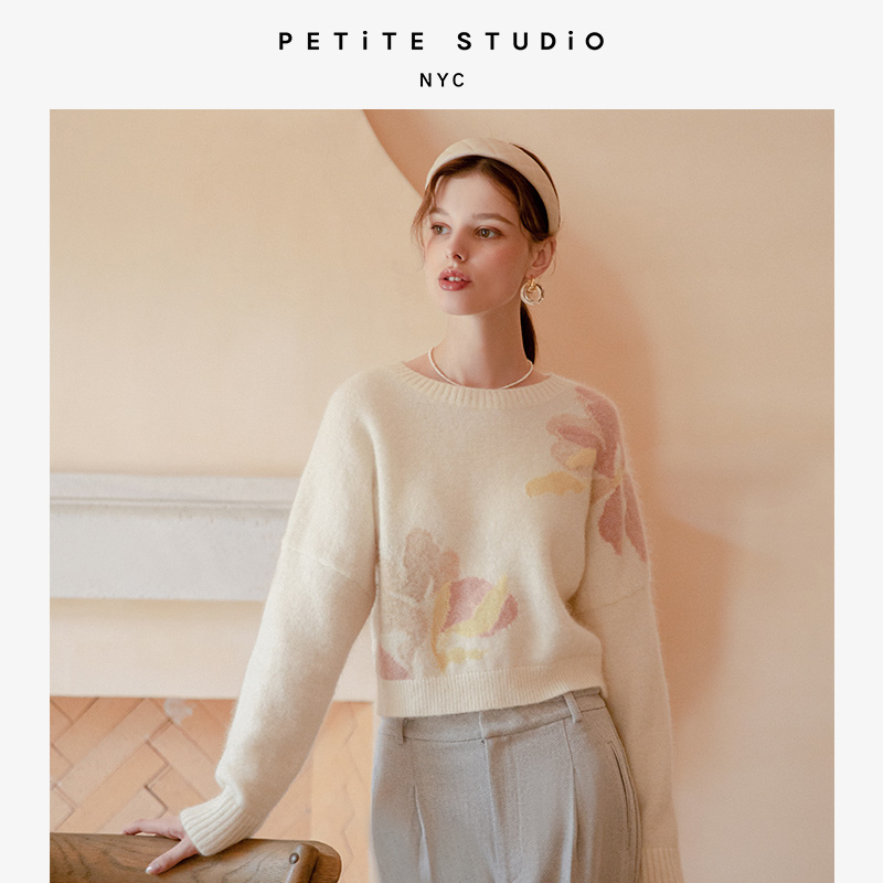 Petite Studio NYC | Bailey白色浪漫法式印花短款套头马海毛毛衣 | Bailey Mohair Sweater - Floral Print 商品图片,额外7折, 包邮包税, 额外七折