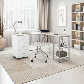商品Techni Mobili L-Shape Home Office Two-Tone Desk with Storage, Sand图片