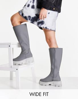 ASOS | ASOS DESIGN Wide Fit Carla chunky flat knee boots in grey商品图片,4.5折