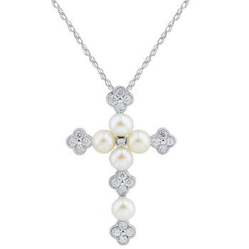 商品Cultured Freshwater Pearl (3-1/2 - 4mm) & Diamond (1/5 ct. t.w.) 18" Cross Pendant Necklace in 14k White Gold图片