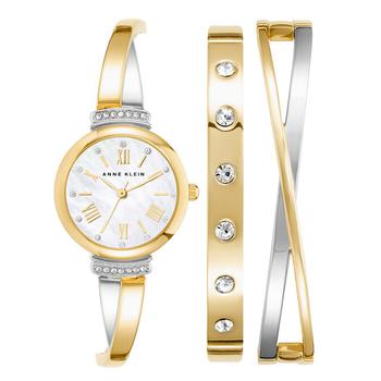 Anne Klein | Women's Gold-Tone and Silver-Tone Alloy Bangle with Crystal Accents Fashion Watch 33mm Set 3 Pieces商品图片,