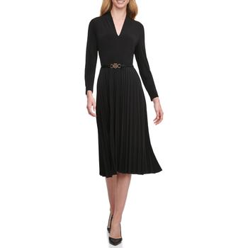 推荐Long Sleeve V-Neck Jersey Dress with Pleated Skirt商品