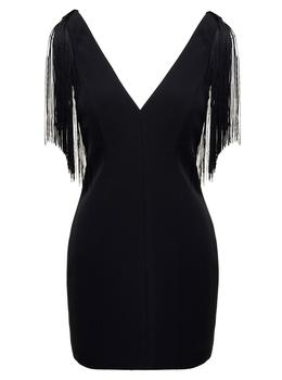 推荐Pinko favignana Mini Black Dress With V Neckline And Decorative Fringes In Stretch Crêpe Woman商品