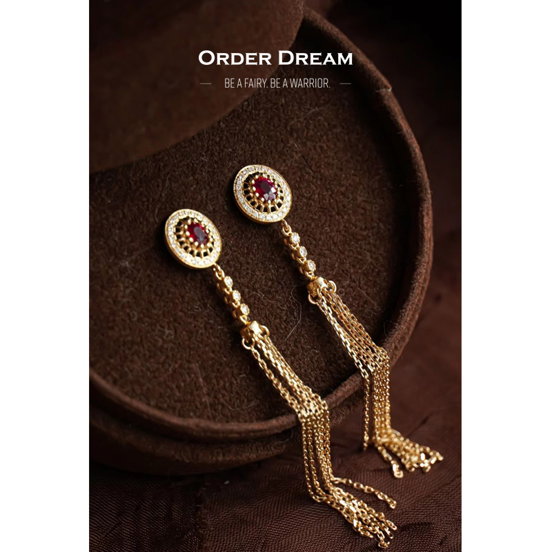 Order Dream | 18K金天然红宝石流苏耳环商品图片,包邮包税