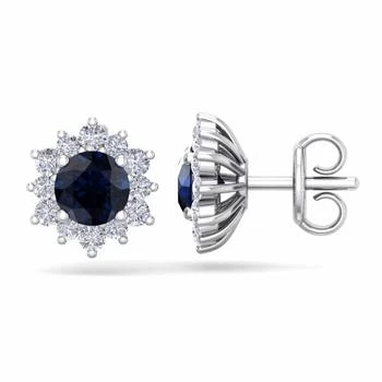 SSELECTS | 1 1/2 Carat Round Shape Flower Sapphire And Diamond Halo Stud Earrings In 14 Karat White Gold,商家Premium Outlets,价格¥5349