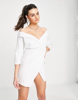 推荐ASOS DESIGN off shoulder shirt mini dress with wrap skirt in white商品