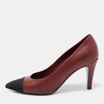 香奈儿鞋, [二手商品] Chanel | Chanel Burgundy/Black Leather And Canvas Cap Toe Pointed Toe Pumps Size 40商品图片 满1件减$100, 满减