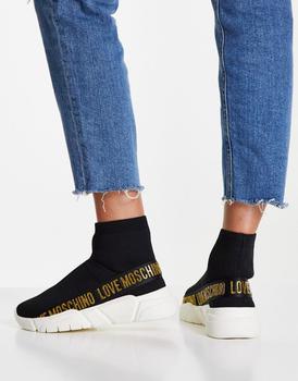 推荐Love Moschino gold logo sock boot in black商品