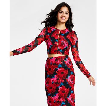 推荐Women's Floral-Print Cutout Mesh-Sleeve Crop Top, Created for Macy's商品