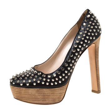 [二手商品] Prada | Prada Black Studded Leather Platform Pumps Size 38商品图片,1.4折